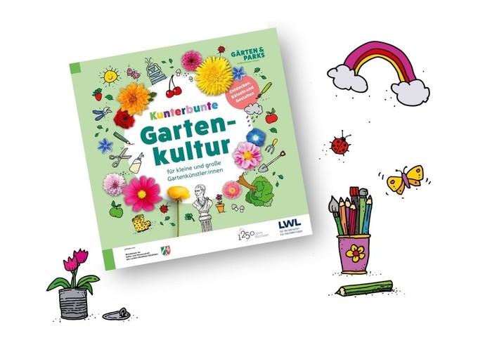 Kreativheft "Kunterbunte Gartenkultur für kleine und große Gartenkünstler:innen" (vergrößerte Bildansicht wird geöffnet)