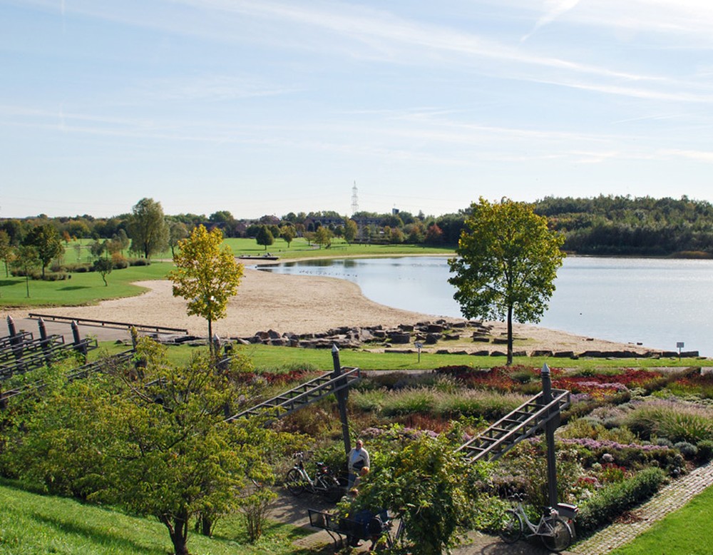 Beete am Sandstrand des Seeparks Lünen. Der Sandstrand ist im Hintergrund zu sehen.