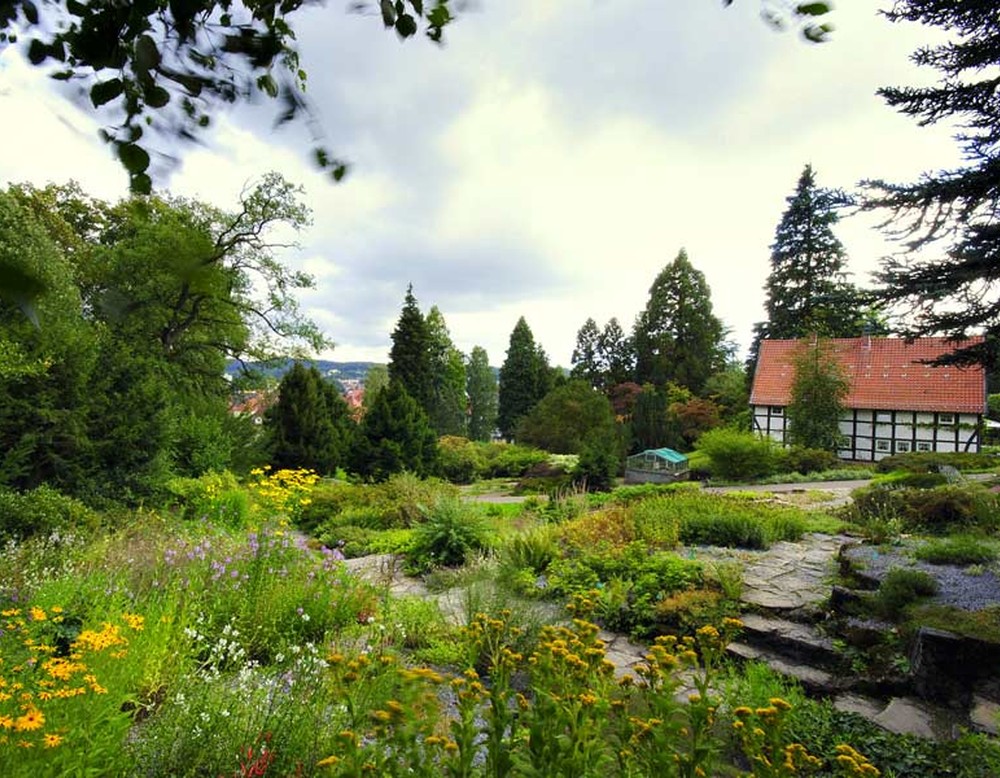 Blick auf den Botanischen Garten Bielefeld und auf das in der Anlage zentral gelegene Bauernhaus.