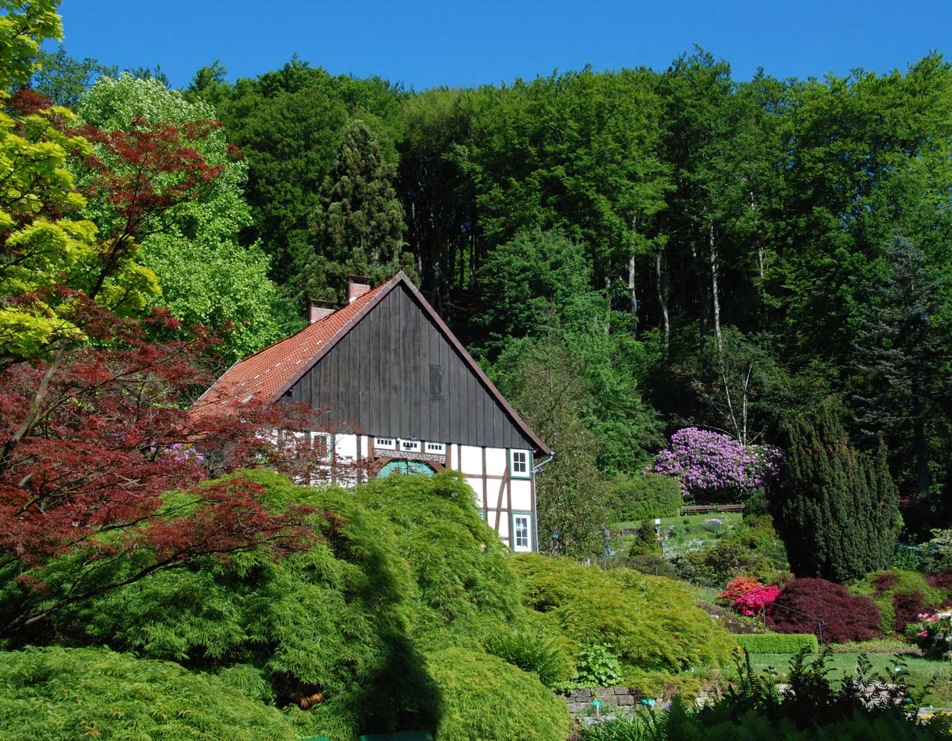 Blick auf das zentral gelegene Bauernhaus des Botanischen Gartens Bielefeld.