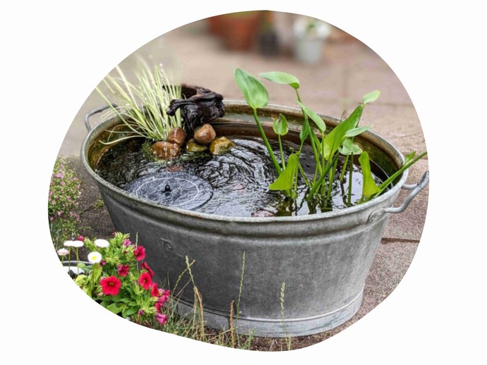 Viele bunte Gießkannen an Wasserbottich