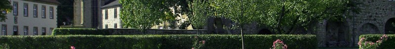 Der Rosengarten des rekonstruierten Klostergartens. Im Hintergrund befindet sich das Kloster mit der Kirche St. Christina.