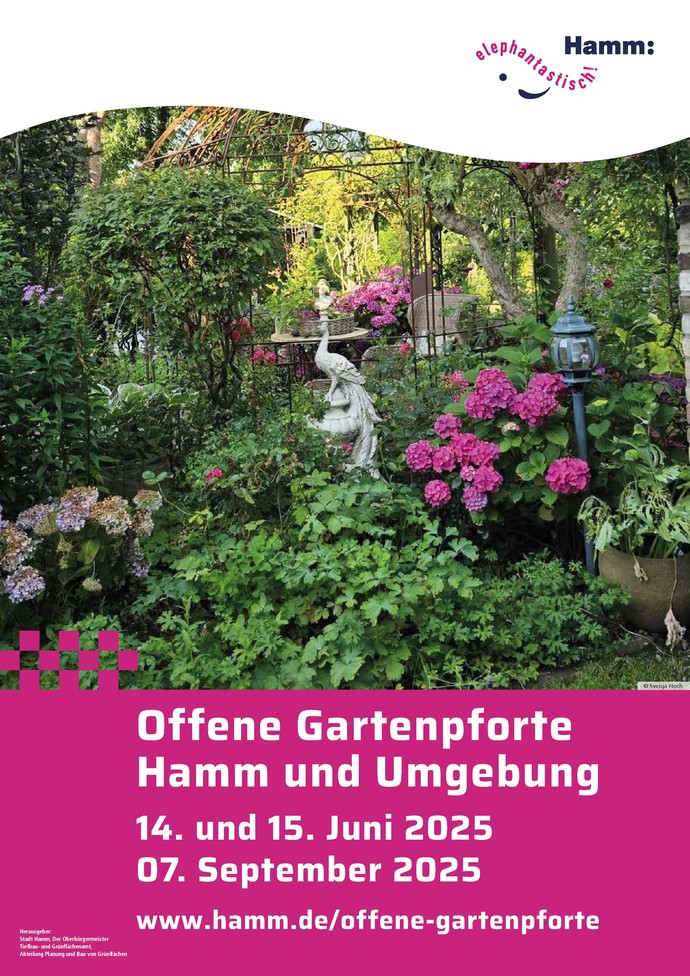Plakat "Offene Gartenpforte Hamm und Umgebung, 14. und 15. Juni 2025, 07. September 2025, www.hamm.de/offene-gartenpforte"