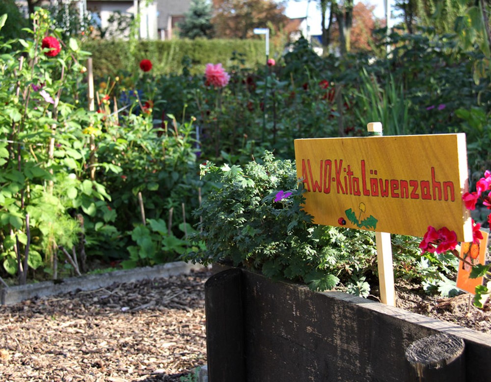 Ein Beet der Kita Löwenzahn im Mehrgenerationengarten Lippstadt. Der Name der Kita steht auf einem gelb bemalten Holzschild. Im Hintergrund sind weitere Beete zu sehen.