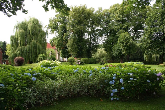 Die Hauptburg Hülshoff mit Hortensien.