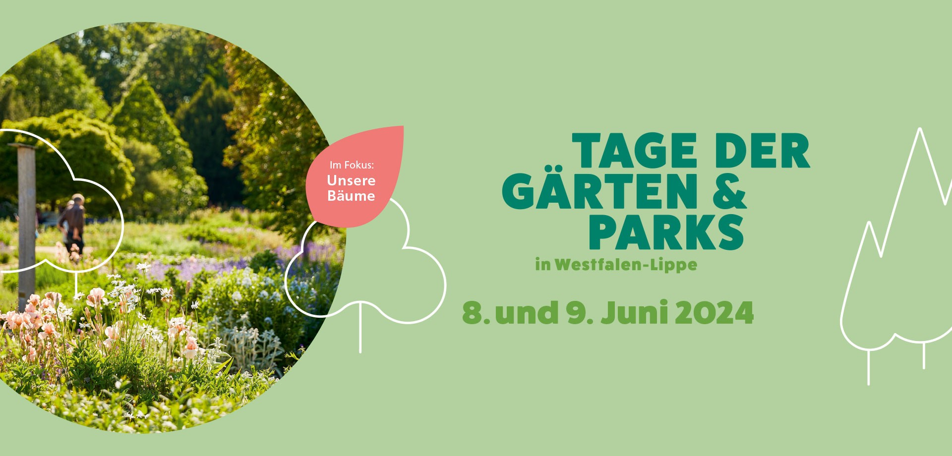 "Tage der Gärten und Parks in Westfale-Lippe" "08. und 09. Juni 2024" "im Fokus: Unsere Bäume"