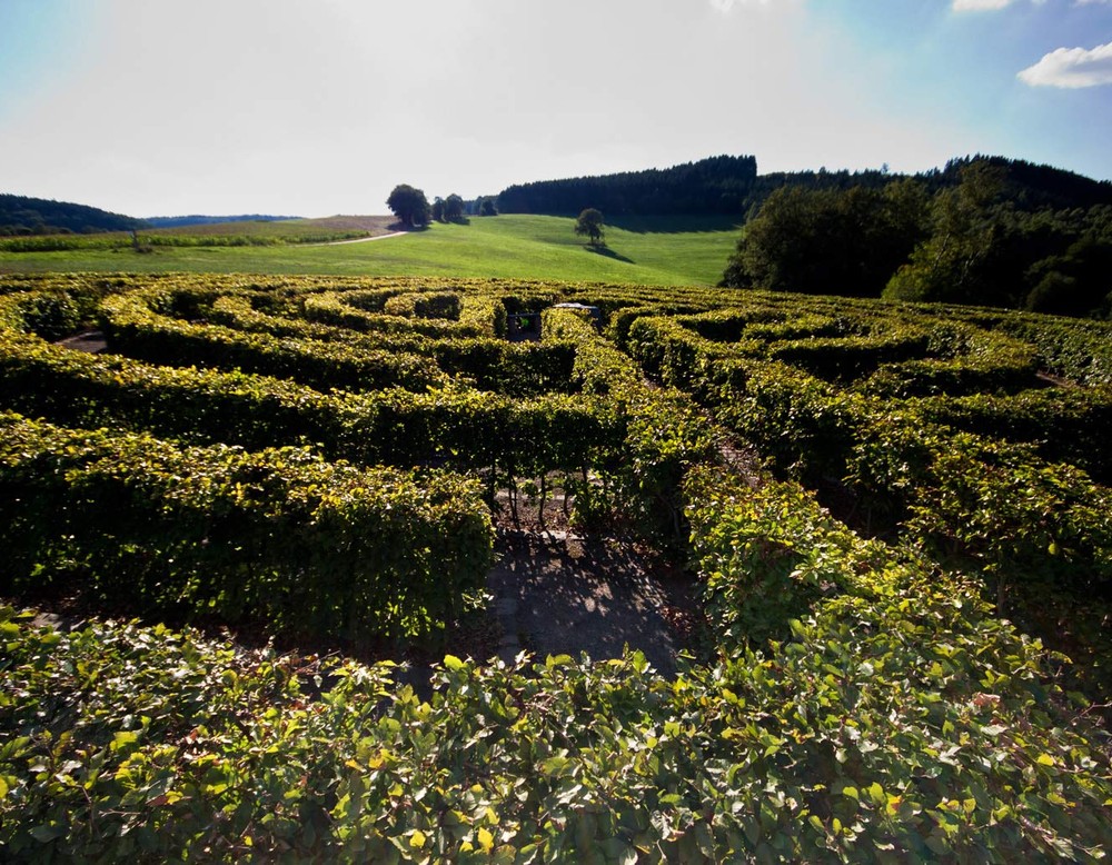 Blick über das Labyrinth in Drolshagen. Im Hintergrund sieht man die umliegende Landschaft.