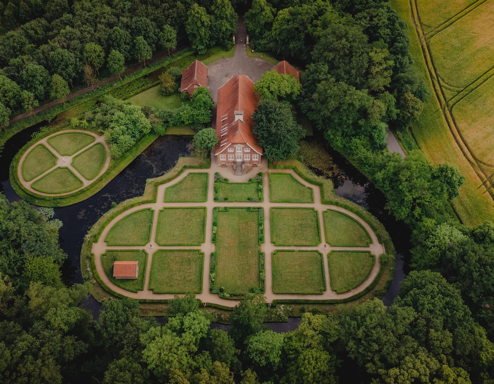 Luftaufnahme Haus Rüschhaus und Gartenanlage in Münster