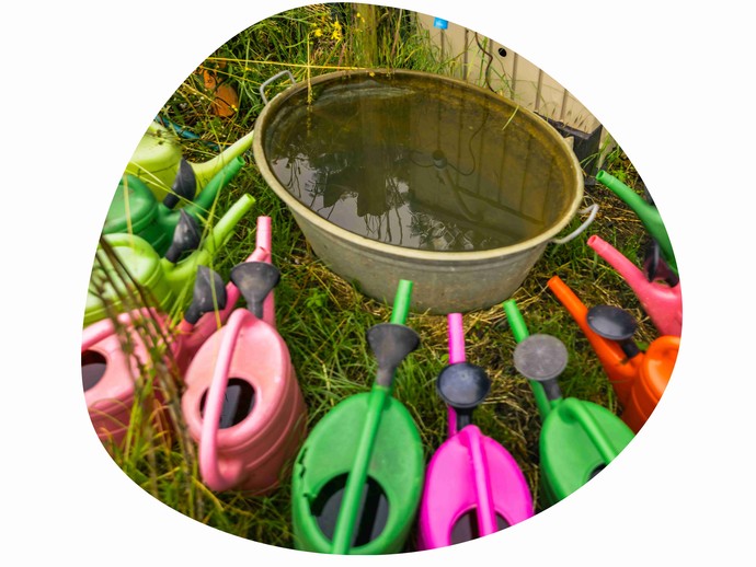 Viele bunte Gießkannen an Wasserbottich