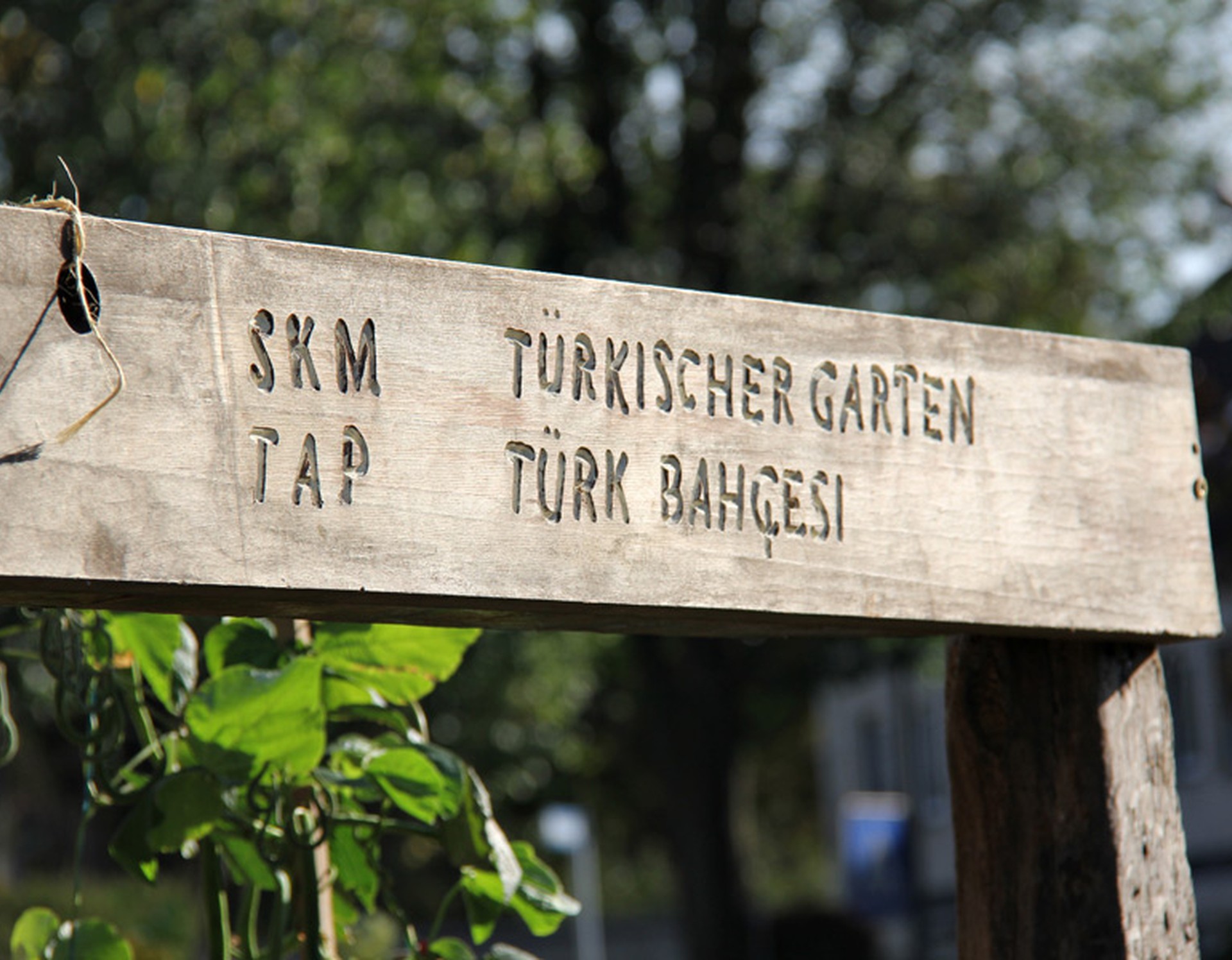 Holzschild am Türkischen Garten des Mehrgenerationengartens in Lippstadt.